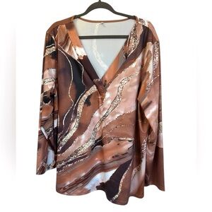 Women’s 3X Geode Design V-Neck Top, Brown and Gold Hugh’s, Plus Size/Size 3X